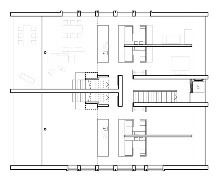 Mehrfamilienhaus Plan Obergeschoss. Hansjörg Betschart Architektur ©.